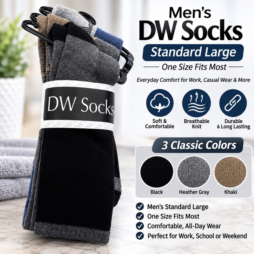 DW Socks Mens Standard Large 3 Pack Black Heather Gray Khaki Crew Dress Socks